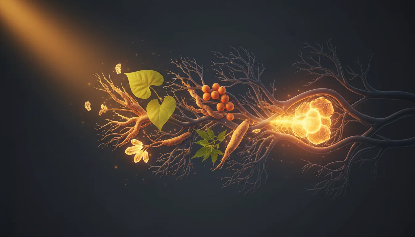 Illustration of botanical compounds acting along energy and circulation pathways