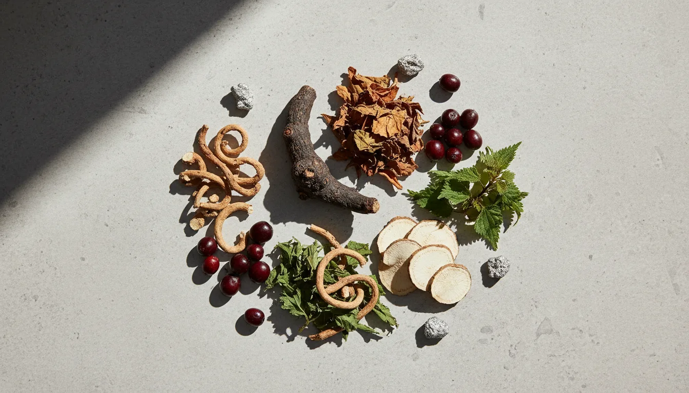 The botanical ingredients used in Horsewood, arranged on a stone surface