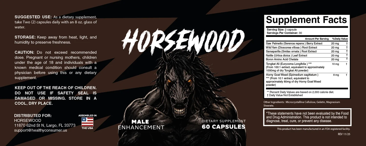 Horsewood Supplement Facts panel listing seven ingredients and their milligram amounts per two-capsule serving